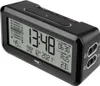 A black digital alarm clock with a large display showing time, date, temperature, and alarm settings. Náhľad obrázku produktu