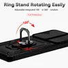 A close-up view of a black phone case with a rotating ring stand and a sliding camera cover. Produktbild-Vorschau