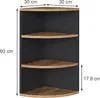 A corner shelf unit with dimensions indicated. Voir les images du produit