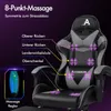A gaming chair with an 8-point massage feature highlighted by diagrams and text. Podgląd zdjęcia produktu