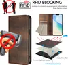 A product image showcasing a brown leather phone case with various marketing graphics and text. Produktbild-Vorschau