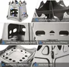 A collage of images showing a compact folding titanium wood stove for outdoor camping, with close-ups highlighting its features. Podgląd zdjęcia produktu