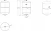 Technical drawings and a product image of a pressure expansion vessel. Produktbild-Vorschau