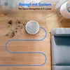 A robot vacuum cleaner is shown cleaning a wooden floor, with a blue line indicating its cleaning path. A sofa is visible on the right. Produktbild-Vorschau