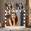 A woman applying makeup in front of a lighted vanity mirror, with close-up inset images showing lighting quality. Produktbild-Vorschau
