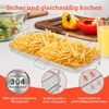 A close-up of an air fryer basket filled with french fries, with additional graphics highlighting product features. Produktbild-Vorschau