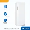 A white refrigerator is shown next to a graphic with product features. Produktbild-Vorschau
