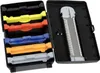An open black case containing a mandoline slicer with multiple colored blades. Produktbild-Vorschau