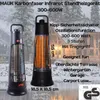 Two MAUK carbon fiber infrared standing heaters are shown in a wintery outdoor setting with a rustic cabin in the background. Text overlays describe the product's features and specifications. Produktbild-Vorschau