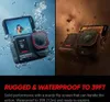 Collage of an action camera in water and in a dusty environment, with text describing its ruggedness and waterproof capabilities. Anteprima dell’immagine prodotto