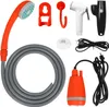 A collection of items for a portable camping shower, including the shower head, hose, pump, and charging accessories, laid out on a white background. Náhled obrázku produktu