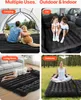 Collage of four images showing an inflatable mattress used in different settings: camping, car, living room, and outdoors for yoga. Produktbild-Vorschau