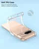 A clear phone case is shown on a light blue background, with text highlighting its features. Produktbild-Vorschau