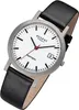 A close-up, angled view of a men's wristwatch with a white face, black leather strap, and silver casing. Produktbild-Vorschau