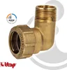 A brass 90-degree elbow fitting with male and female threaded connections, shown against a light gray and white background with a subtle watermark. Podgląd zdjęcia produktu