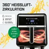 A black air fryer with a digital display and a graphic showing hot air circulation, surrounded by french fries. Text overlays highlight features. Anteprima dell’immagine prodotto
