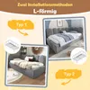 Collage showing two different L-shaped bed configurations with text indicating installation types. Podgląd zdjęcia produktu