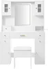 A white vanity table with a mirror and stool against a white background. Produktbild-Vorschau