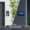 A split image showing two different intercom systems, one next to a dark gray door and the other on a dark gray wall, with plants and a stack of books. Produktbild-Vorschau