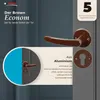 A marketing image showcasing a brown door handle set with descriptive text and a warranty badge. Produktbild-Vorschau