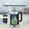 A cutaway view of an electric kettle showing water heating with animated arrows and rings, with text overlays indicating heating times and volumes. Podgląd zdjęcia produktu