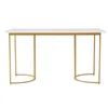 A white rectangular dining table with gold legs and curved bases, set against a white background. Voir les images du produit