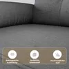 Close-up of a gray sofa with three circular icons and text overlay describing features. Produktbild-Vorschau