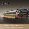 A 3D rendering of a robotic vacuum cleaner with a transparent top showing internal components, highlighting its edge cleaning capabilities. Produktbild-Vorschau