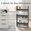 A narrow shelving unit with wheels is shown next to a set of drawers, with text overlays highlighting its features. Podgląd zdjęcia produktu