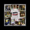 A collage of different rooms and areas of a Cluedo board game, with the game board in the center. Produktbild-Vorschau