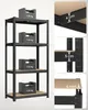 A black metal shelving unit with wooden shelves, displaying dimensions and weight capacity. Produktbild-Vorschau