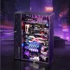 A futuristic computer case with intricate internal components, illuminated by purple and blue lights, set against a blurred cityscape background. Voir les images du produit