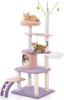A multi-level cat tree with several platforms, a cat cave, a ladder, and hanging toys, featuring three cats. The cat tree is predominantly purple and pink with white and beige accents. Podgląd zdjęcia produktu
