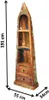 A tall, narrow bookshelf with a pointed top, resembling a boat or lighthouse, made of distressed wood with visible paint remnants. Dimensions are indicated by arrows and text. Produktbild-Vorschau