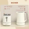 A toaster and a kettle are shown side-by-side with feature callouts. Produktbild-Vorschau