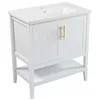 A white bathroom vanity with a ceramic sink and two gold handles on the doors. Náhľad obrázku produktu