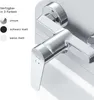 A close-up view of a chrome shower faucet with color options listed. Produktbild-Vorschau
