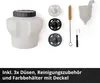A collection of paint sprayer components and accessories, including a paint container, nozzles, and cleaning tools, presented on a white background. Produktbild-Vorschau