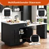 A modern kitchen island with storage, featuring an extendable table and various compartments. The image highlights different storage options with callouts. Anteprima dell’immagine prodotto