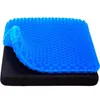 A blue gel seat cushion is shown on top of a black cushion. Voir les images du produit