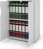 A white cabinet with its doors open, revealing shelves filled with binders. Produktbild-Vorschau