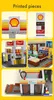 Collage of images showing different parts of a Shell gas station, shop, and car wash model made of building bricks. Podgląd zdjęcia produktu
