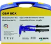 The image shows the packaging of a blind rivet nut kit, including the tool and some rivet nuts. Anteprima dell’immagine prodotto