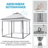 A pop-up gazebo with mesh walls, shown from the front and with detail shots of its features. Produktbild-Vorschau