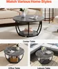 A collage of images showing a round coffee table in different settings: a living room, an office, and an outdoor patio. Voir les images du produit