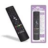 A black remote control is shown diagonally on a white background, with its packaging to the right. Voir les images du produit