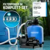 A pool filter system with a pump and filter tank, set against a blurred background of greenery and water. Produktbild-Vorschau