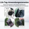 A collage of four images showing different scenarios of using a black Life Tag device. Náhled obrázku produktu