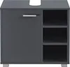 A dark gray bathroom vanity cabinet with a sink cutout on top and open shelving on the right side. Anteprima dell’immagine prodotto