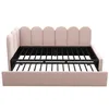 A pink upholstered bed frame with a metal slat base, shown from the front. Náhled obrázku produktu